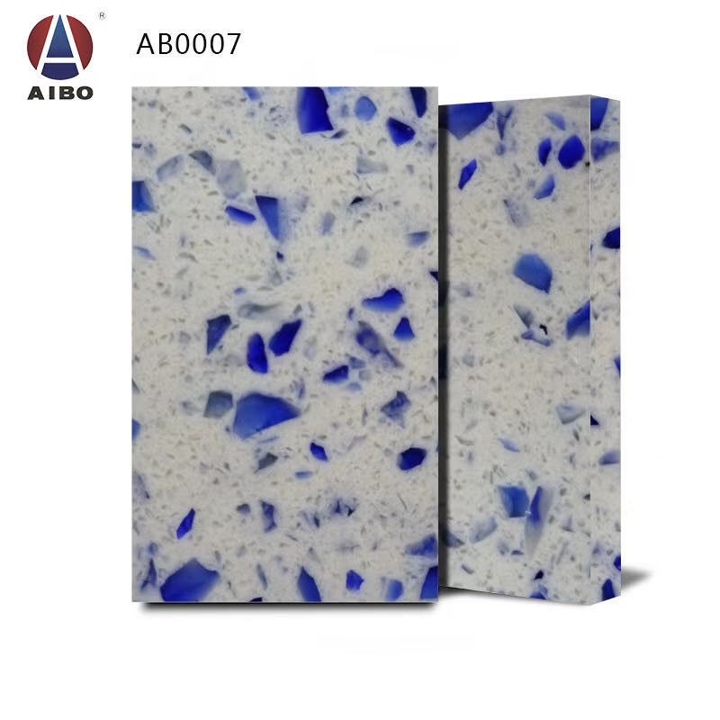 Scratch Resistant 3000*1600 Artificial White Quartz With Blue Glass
